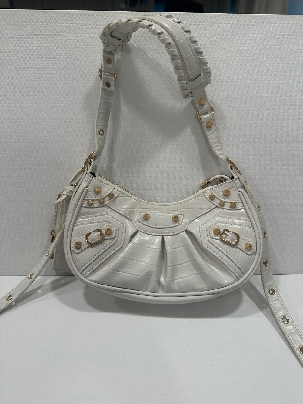White Croc-Embossed Shoulder Bag with Gold Stud Details